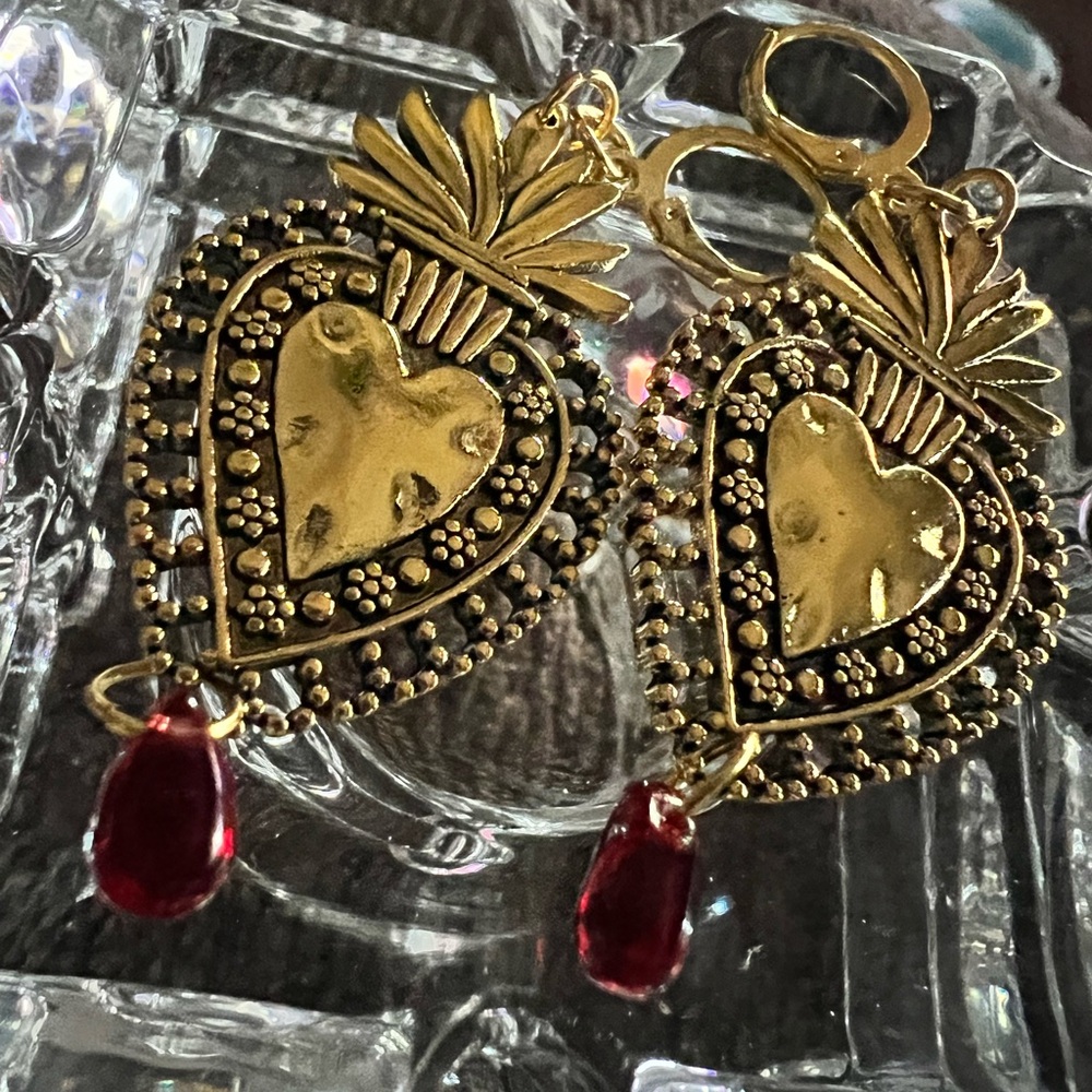14k gold plated heart ♥️ earrings with red bead